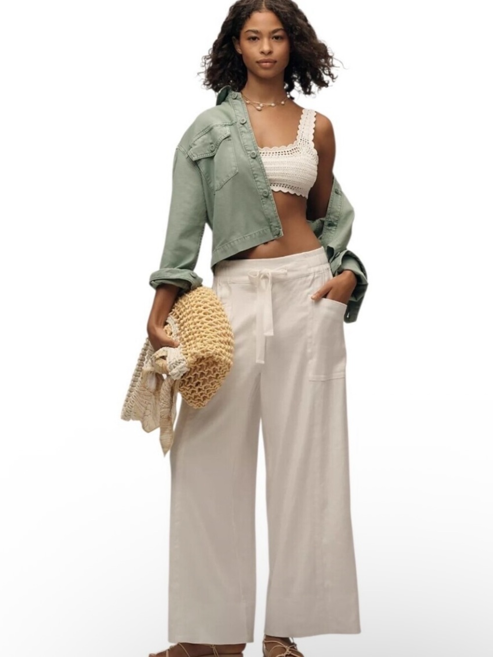 Maeve Anthropologie La Ponche Pull On Ivory Linen Blend Wide Leg Pants